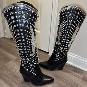 Azalea Wang Upbeat Embellished Black Over The Knee Jewel Western Stiletto Boots